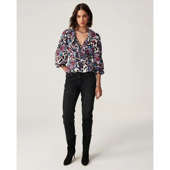 BA&SH NWT Evereve Gato Abstract Side Tie V-Neck Blouse // M - Picture 2 of 15